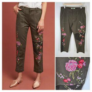 Anthropologie Green Embroidered Utility Pants Slim Fit Ankle Women's Size 33